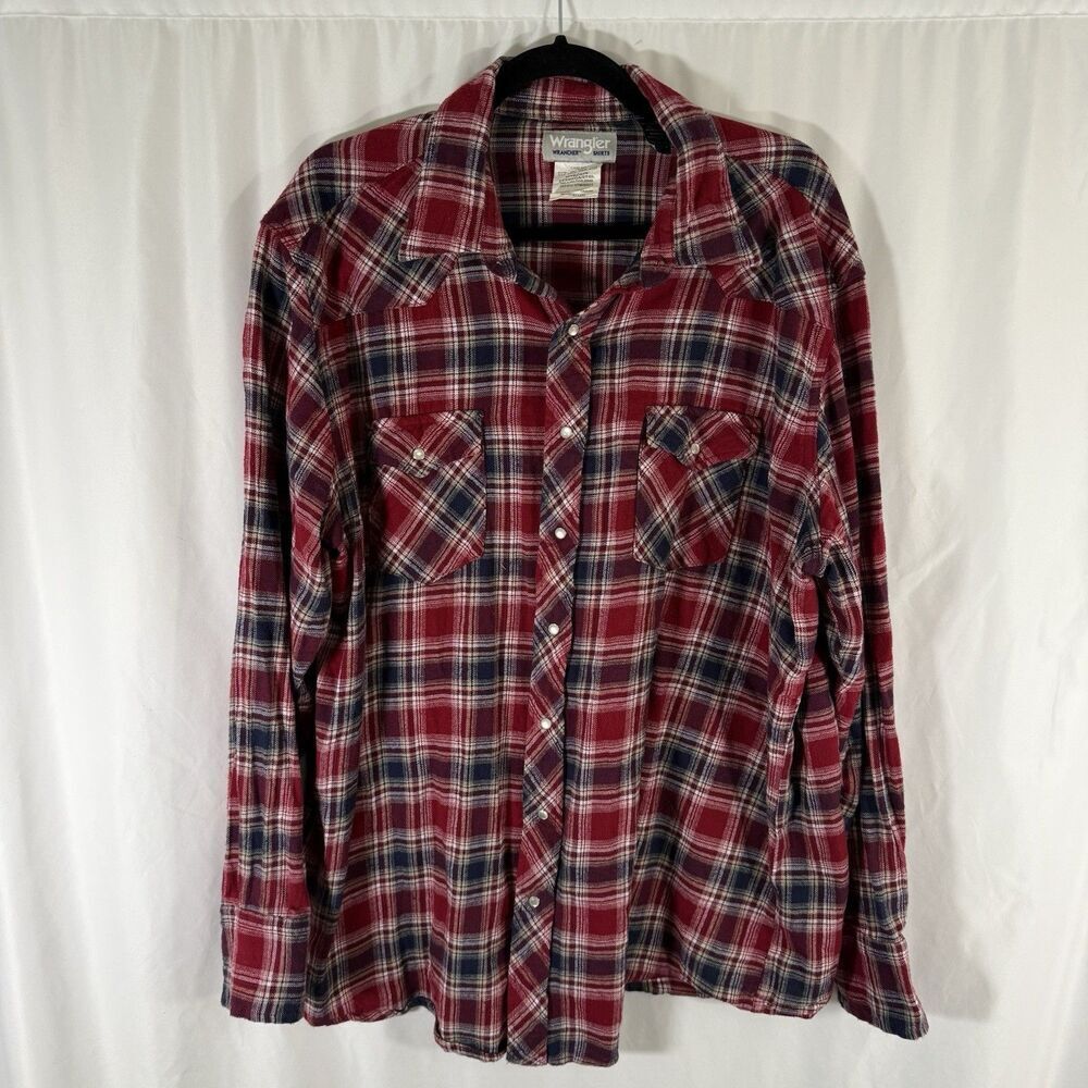 Wrangler Wrancher Pearl Snap Shirt Mens 2XT Red Plaid Flannel Long Sleeve Cotton